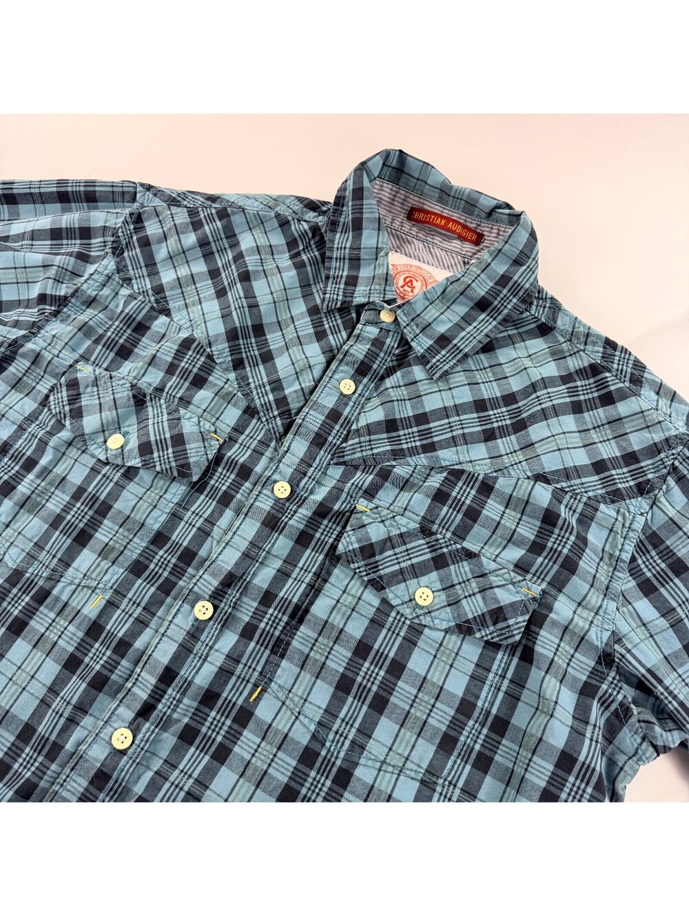 Christian Audigier Men's L Blue Black Plaid Western Long Sleeve Cotton Shirt